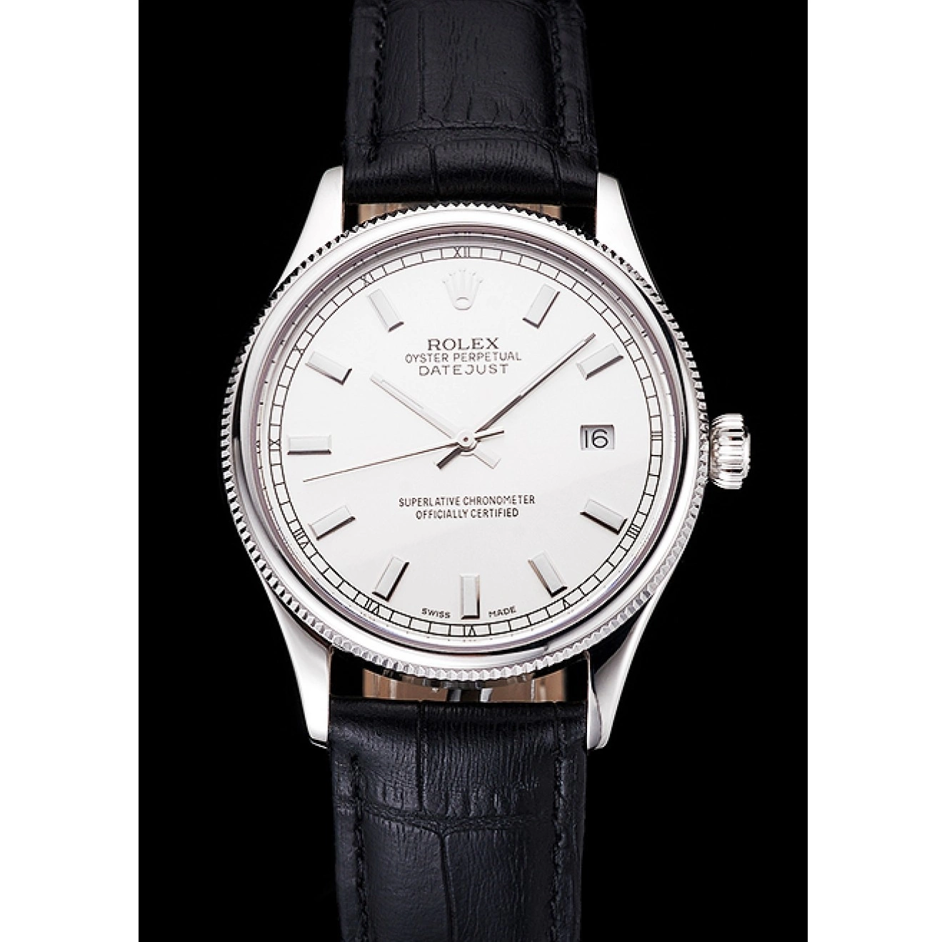 Aaa replica watch Datejust Strap Leather Case Stainless Swiss Rolex Dial Steel Black White 0801